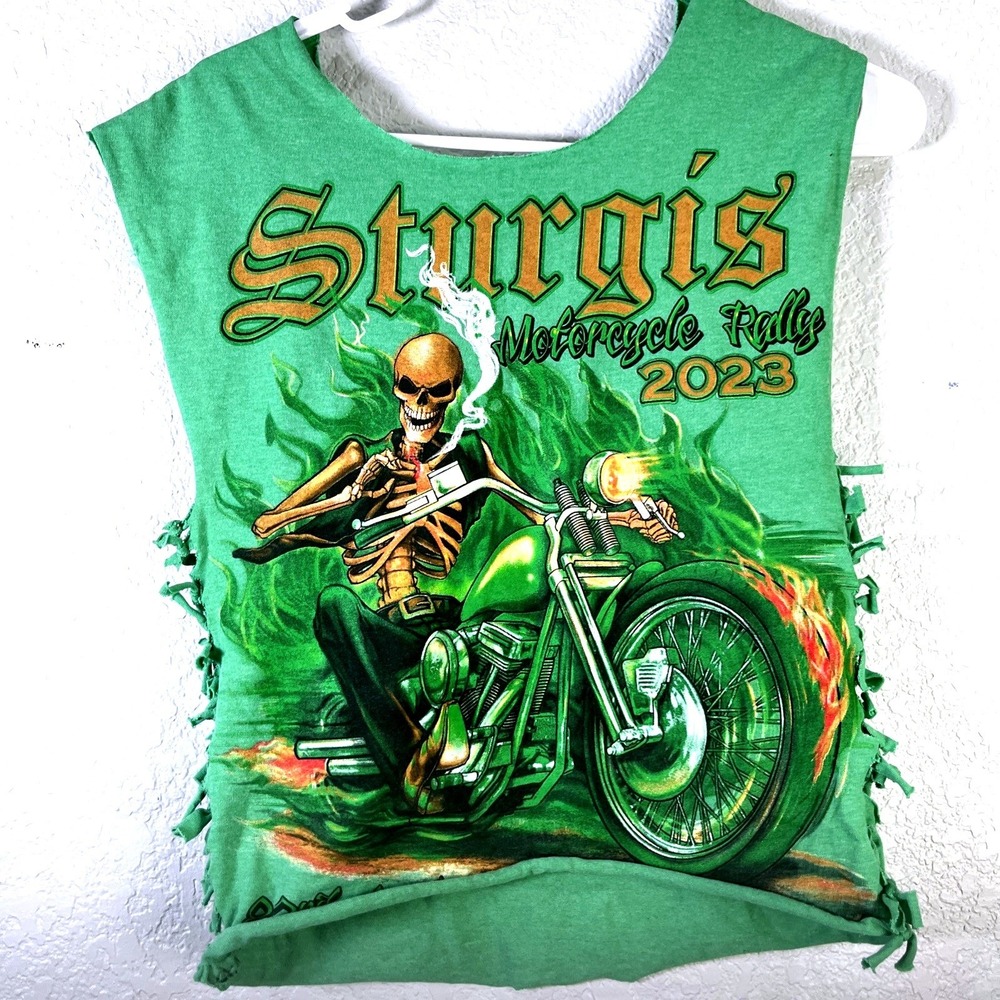 Sturgis Tank Top Women Small Green 2023 Motorcycle Rally Skeleton Graphic Edgy